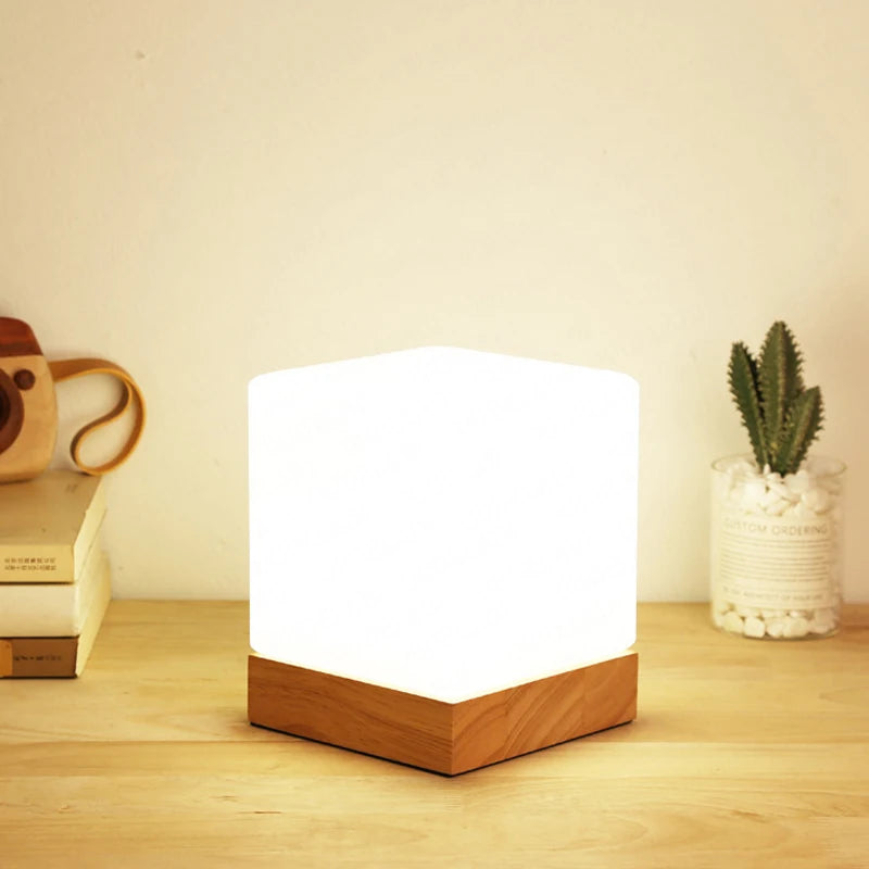 Modern Glass and Solid Wood Bedside Lamp