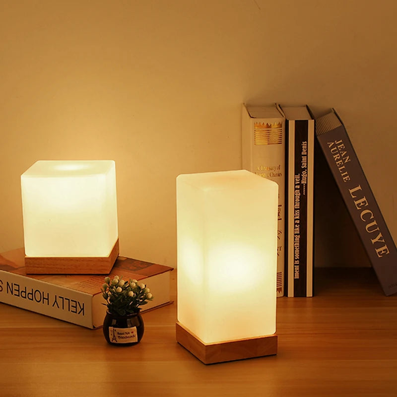 Modern Glass and Solid Wood Bedside Lamp