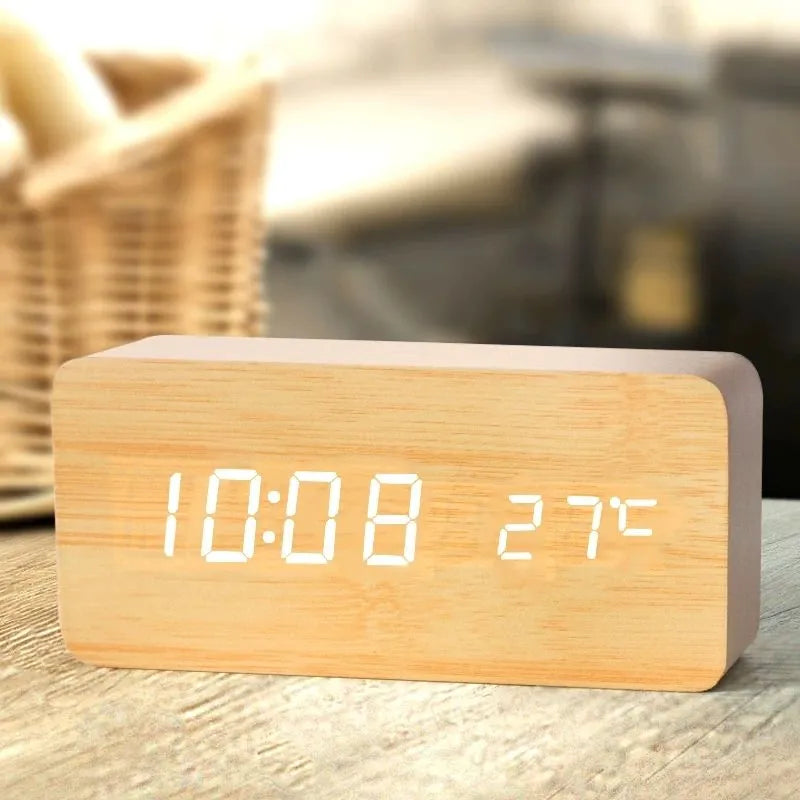 Modern Wooden LED Alarm Clock Bedside Lamp