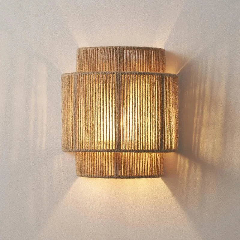Vintage Woven Rattan Wall Bedside Lamp