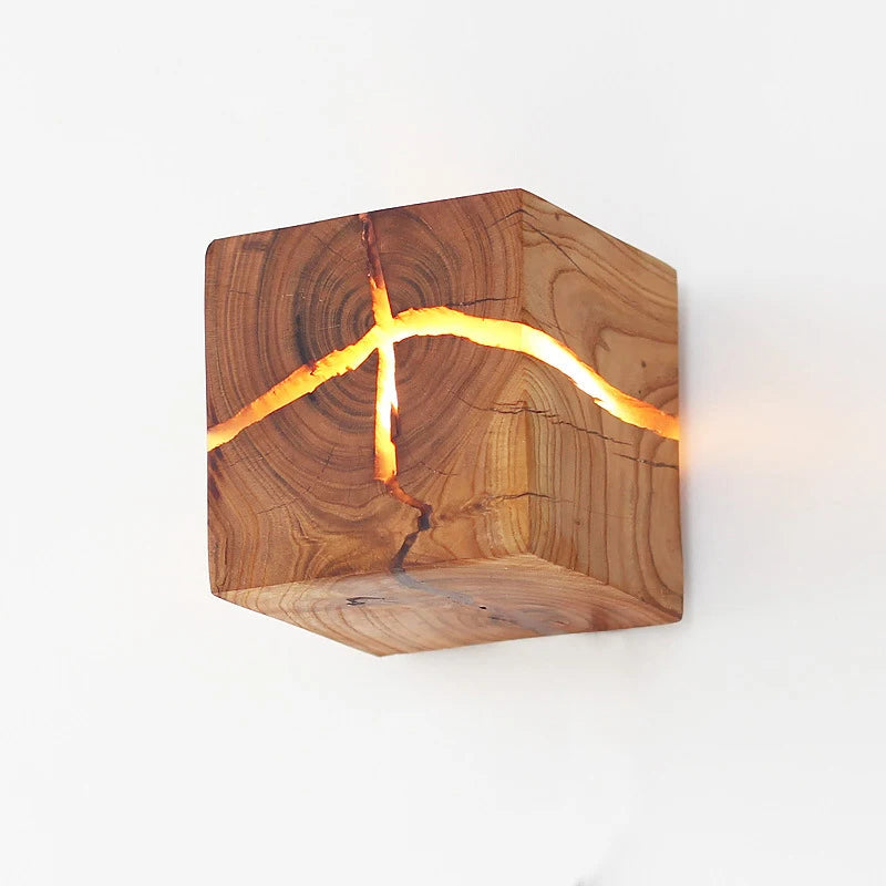 Modern Wooden Cube Wall Bedside Lamp