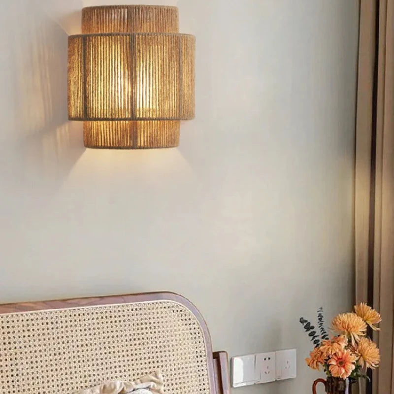 Vintage Woven Rattan Wall Bedside Lamp