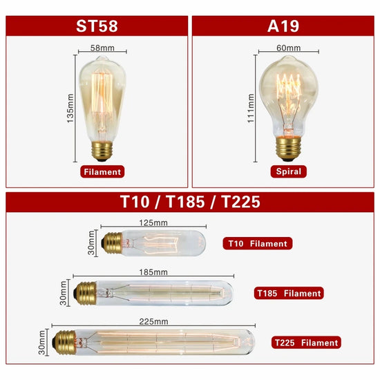 Retro Edison Bulb E27 220V 40W Light Bulb A60 ST58 ST64 T10 T45 T185 G80 G95 Filament Vintage Ampoule Incandescent Spiral Lamp - lampechevetdesign.com
