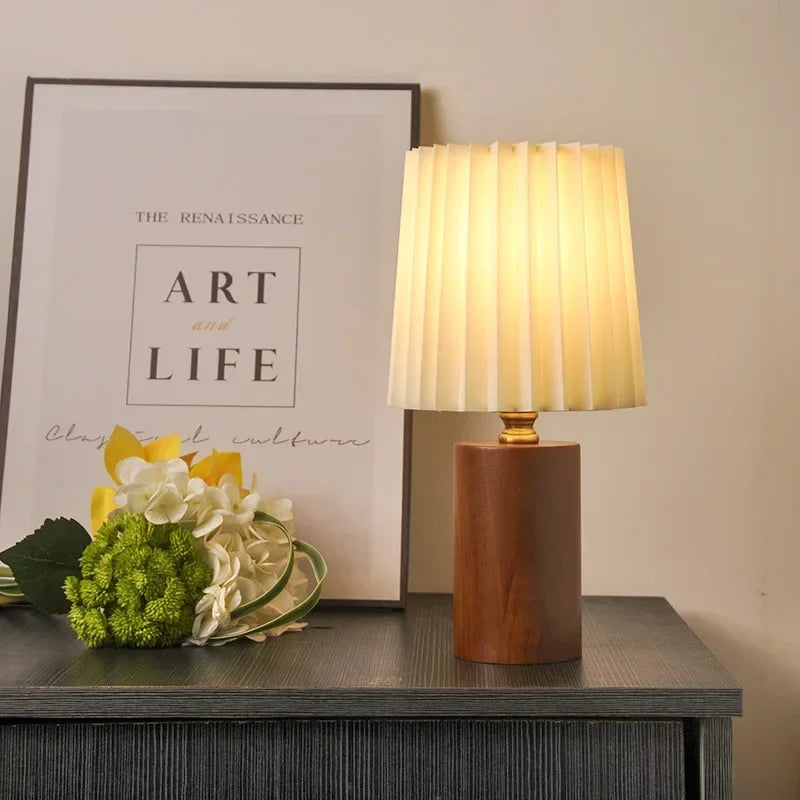 Nordic Pleated Wooden Bedside Lamp