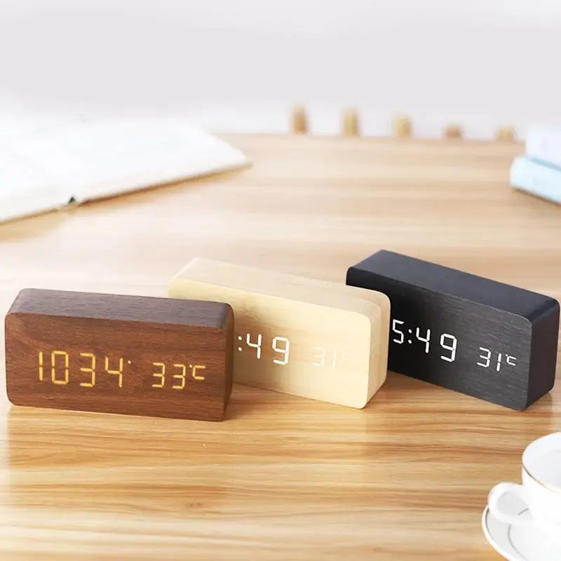 Modern Wooden LED Alarm Clock Bedside Lamp