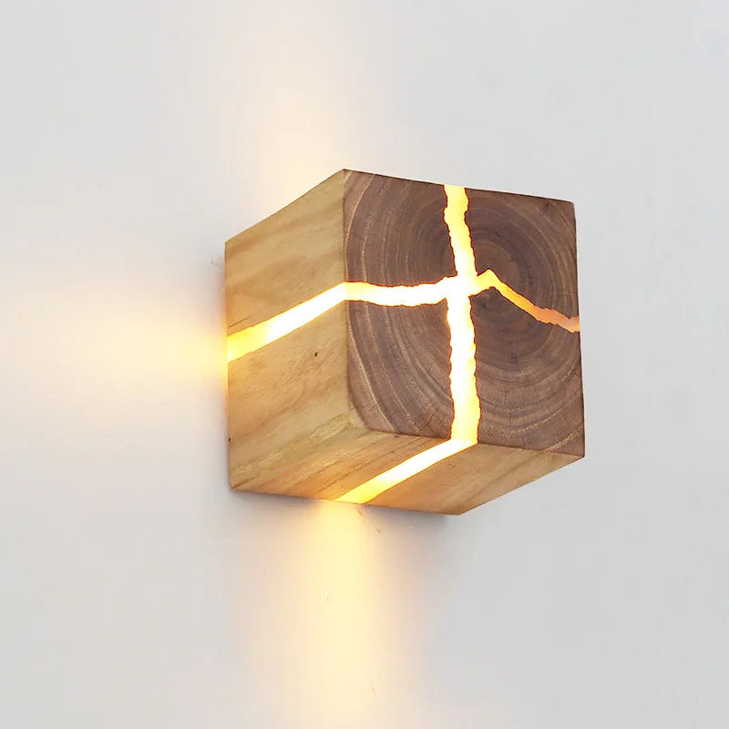 Modern Wooden Cube Wall Bedside Lamp