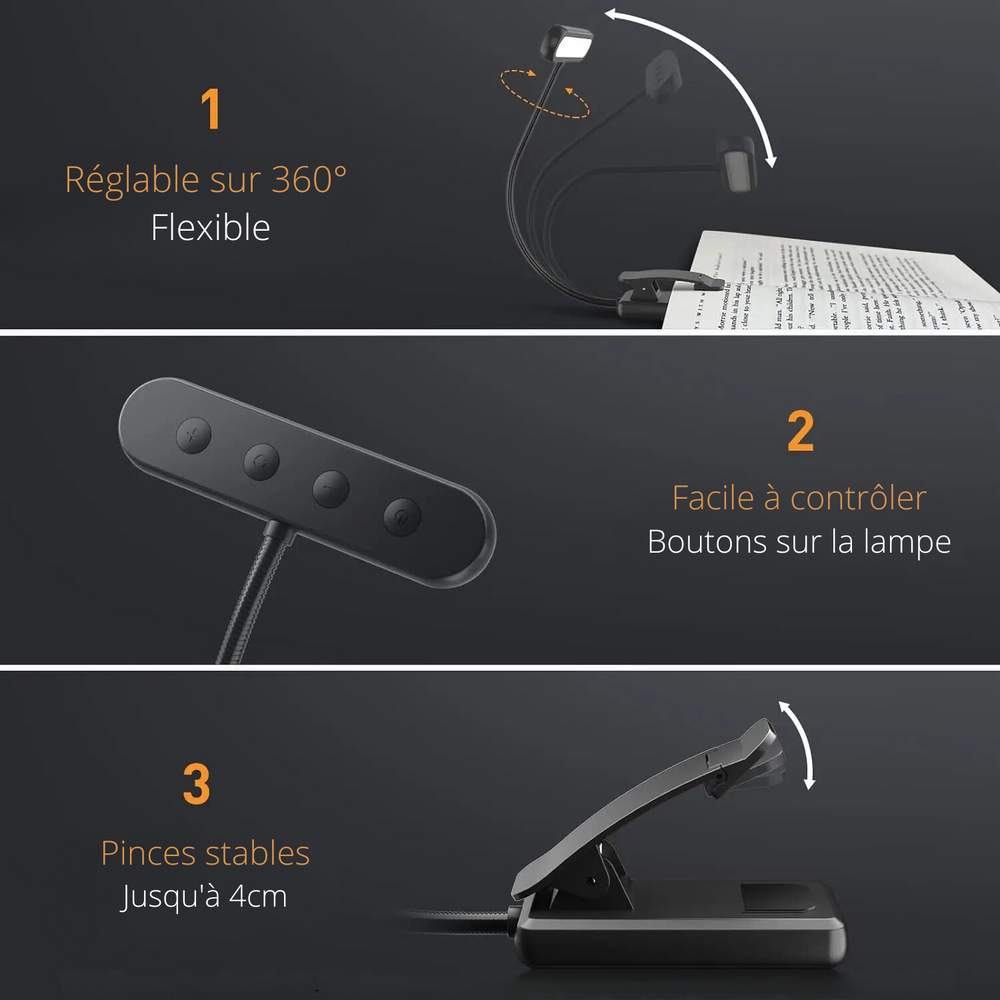 Lampe de Chevet de Lecture à Pince Rechargeable LED - lampechevetdesign.com