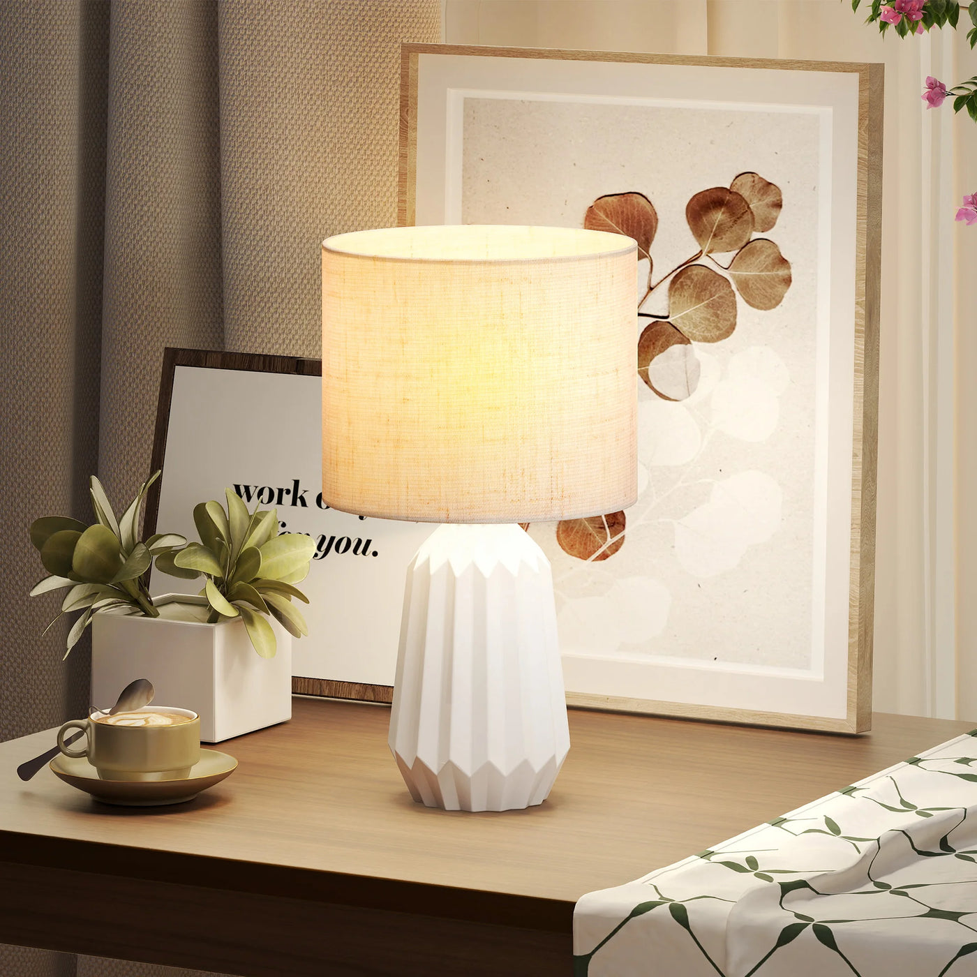 Lampe de Chevet Rétro en Céramique avec Abat-jour Lin Beige - lampechevetdesign.com