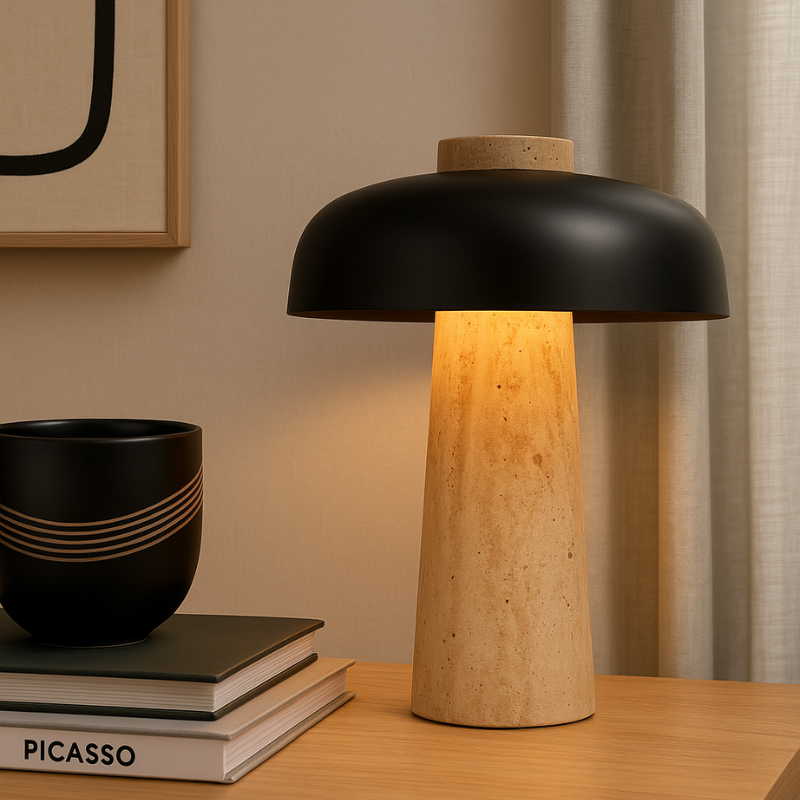 Lampe nordique allumée avec pied en pierre beige et abat-jour noir, près de livres