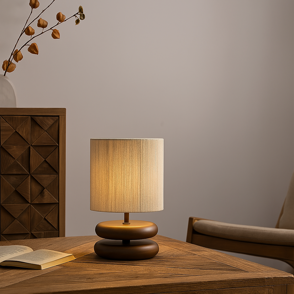 Lampe japonaise allumée avec pied en bois arrondi, posée sur une table près d’un livre
