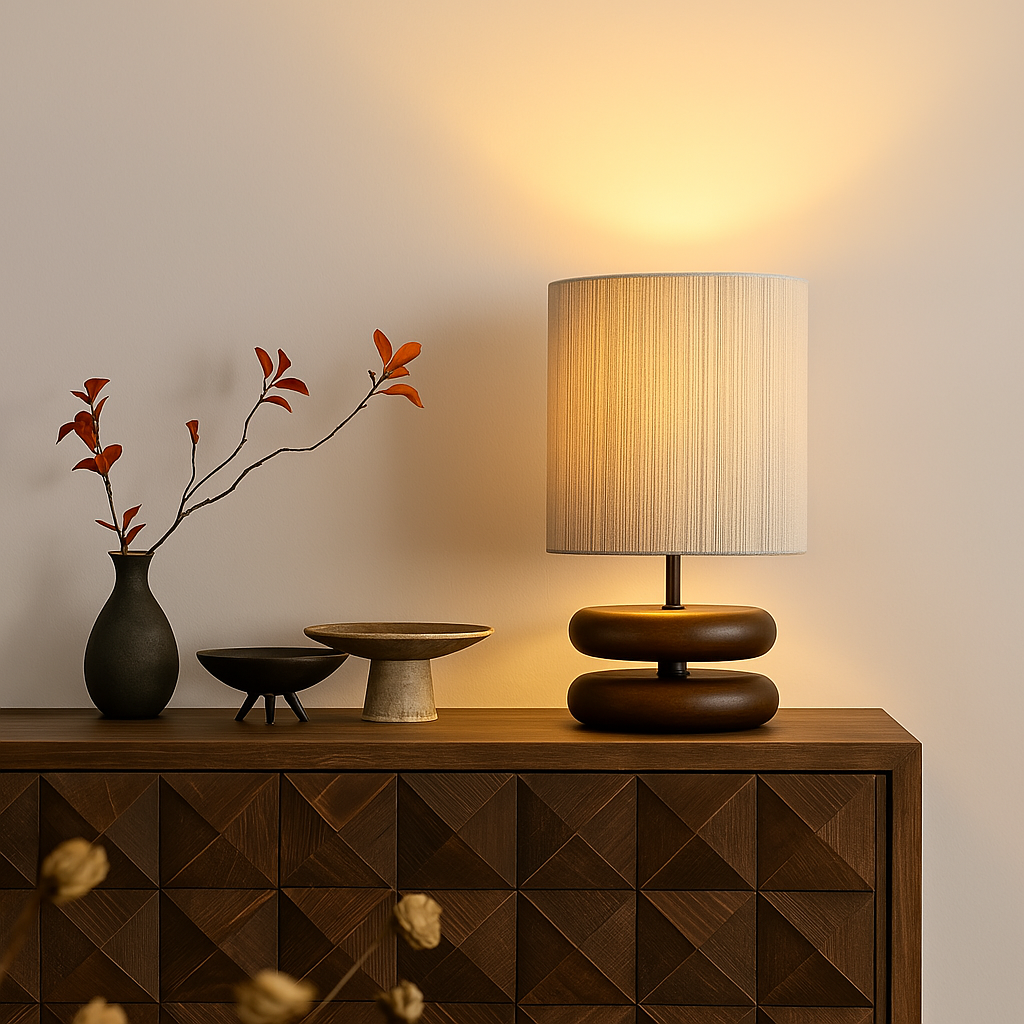 Lampe japonaise allumée sur un buffet en bois, avec vase et objets décoratifs