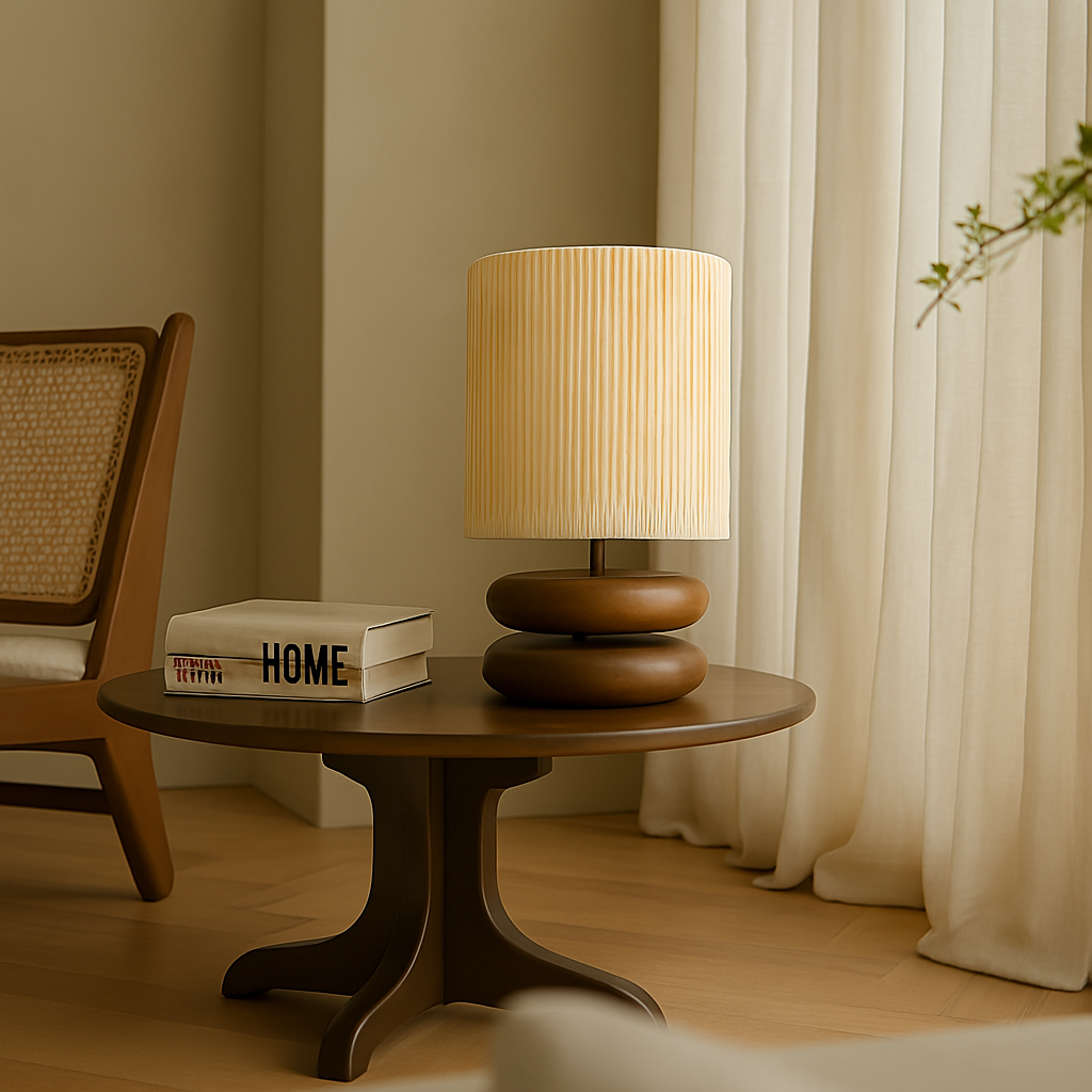 Lampe japonaise à pied en bois foncé et abat-jour clair sur une table ronde