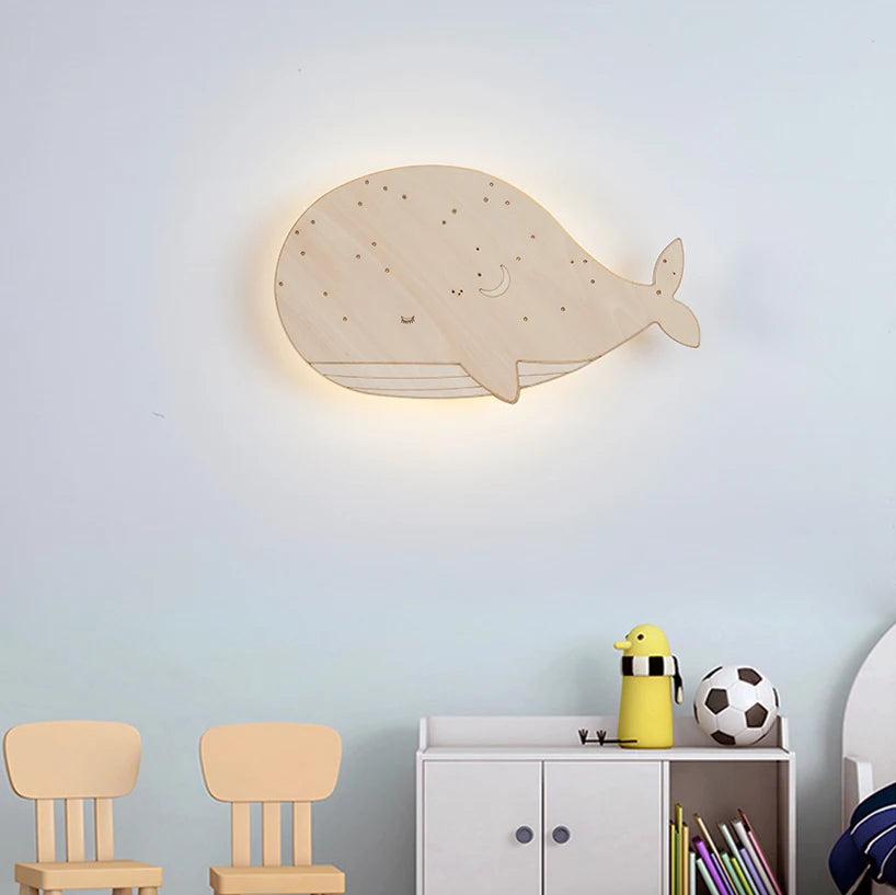 Lampe de Chevet Murale Baleine en Bois LED pour Enfant