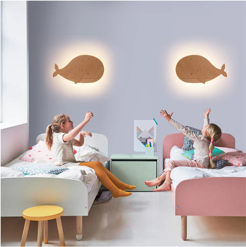 Lampe de Chevet Murale Baleine en Bois LED pour Enfant