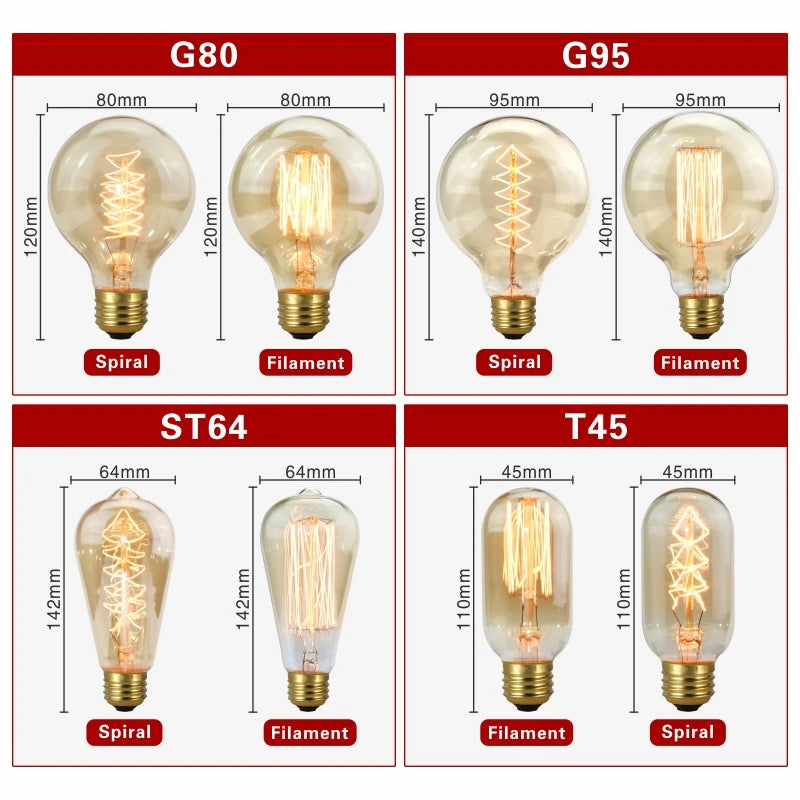 Retro Edison Bulb E27 220V 40W Light Bulb A60 ST58 ST64 T10 T45 T185 G80 G95 Filament Vintage Ampoule Incandescent Spiral Lamp - lampechevetdesign.com