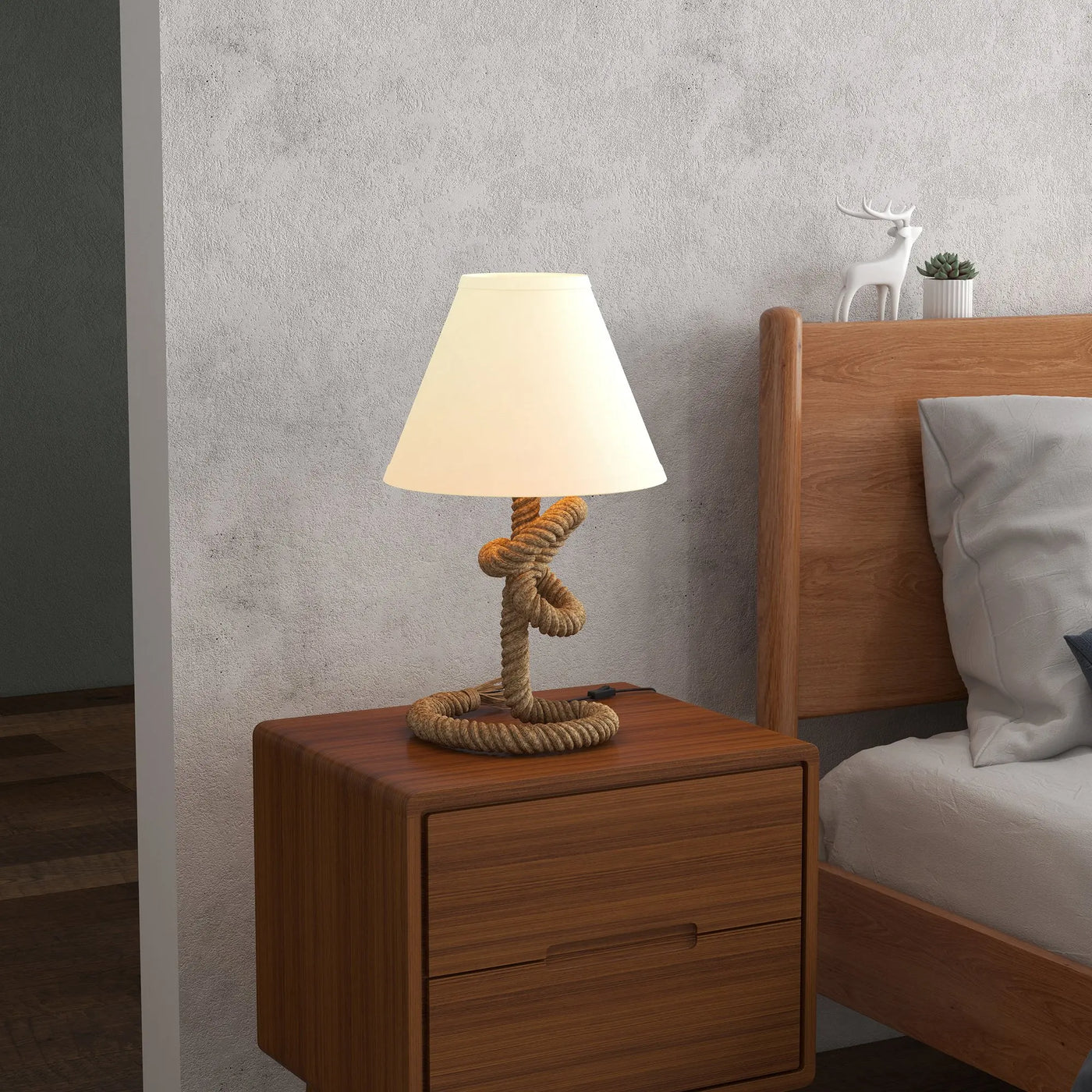 Lampe de Chevet Rustique Corde Abat-jour Tissu - lampechevetdesign.com
