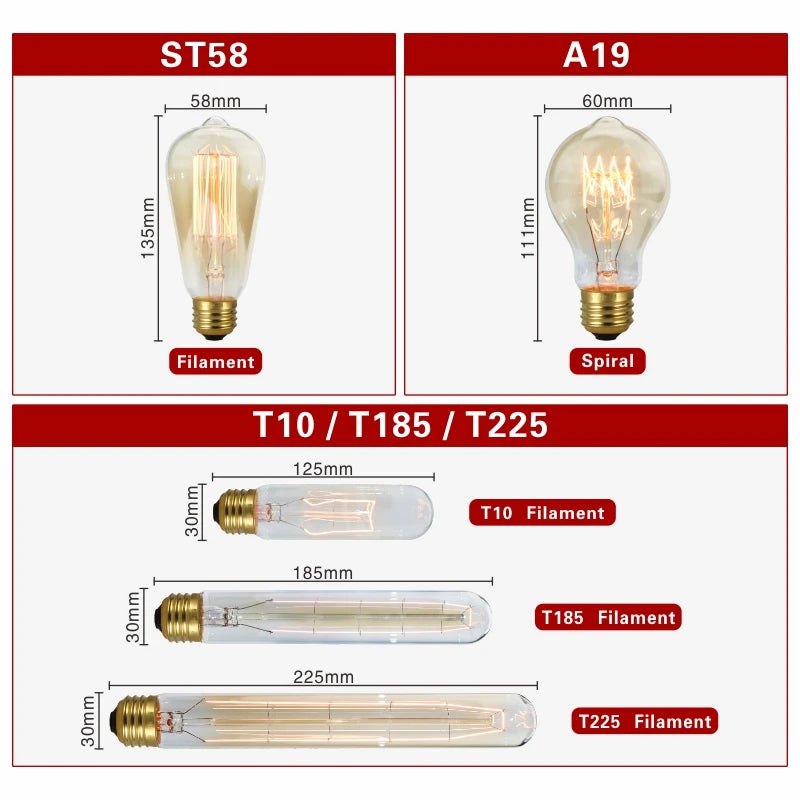 Retro Edison Bulb E27 220V 40W Light Bulb A60 ST58 ST64 T10 T45 T185 G80 G95 Filament Vintage Ampoule Incandescent Spiral Lamp - lampechevetdesign.com