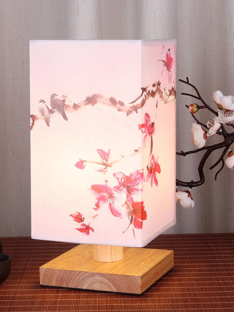 Antique Bedroom Bedside Lamps New Chinese Style Wood Fabric Table Lamp Magnolia Peach Blossom Decoration Night Light with Plug - lampechevetdesign.com